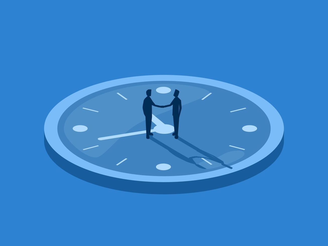 Appointment to work on time, Two businessmen standing holding hands on clock face vector