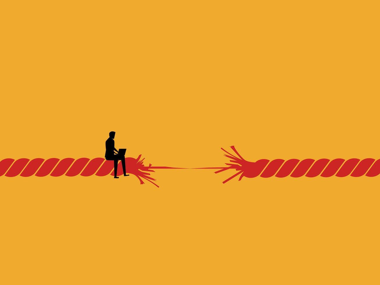Crisis, Last Second, Businessman Working on Laptop on a Rope About to Break vector