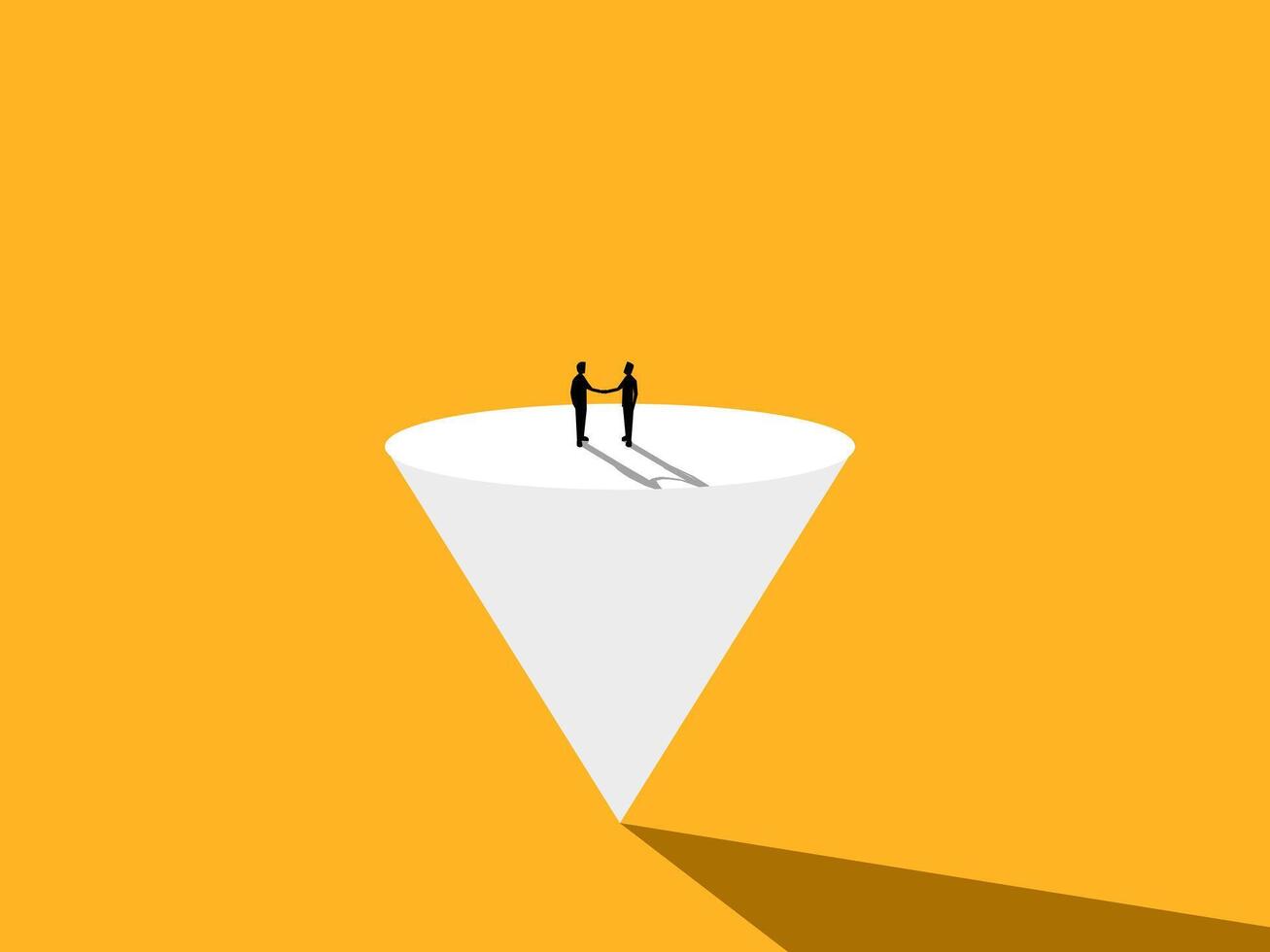 Two businessmen hold hands balance on conic triangle vector