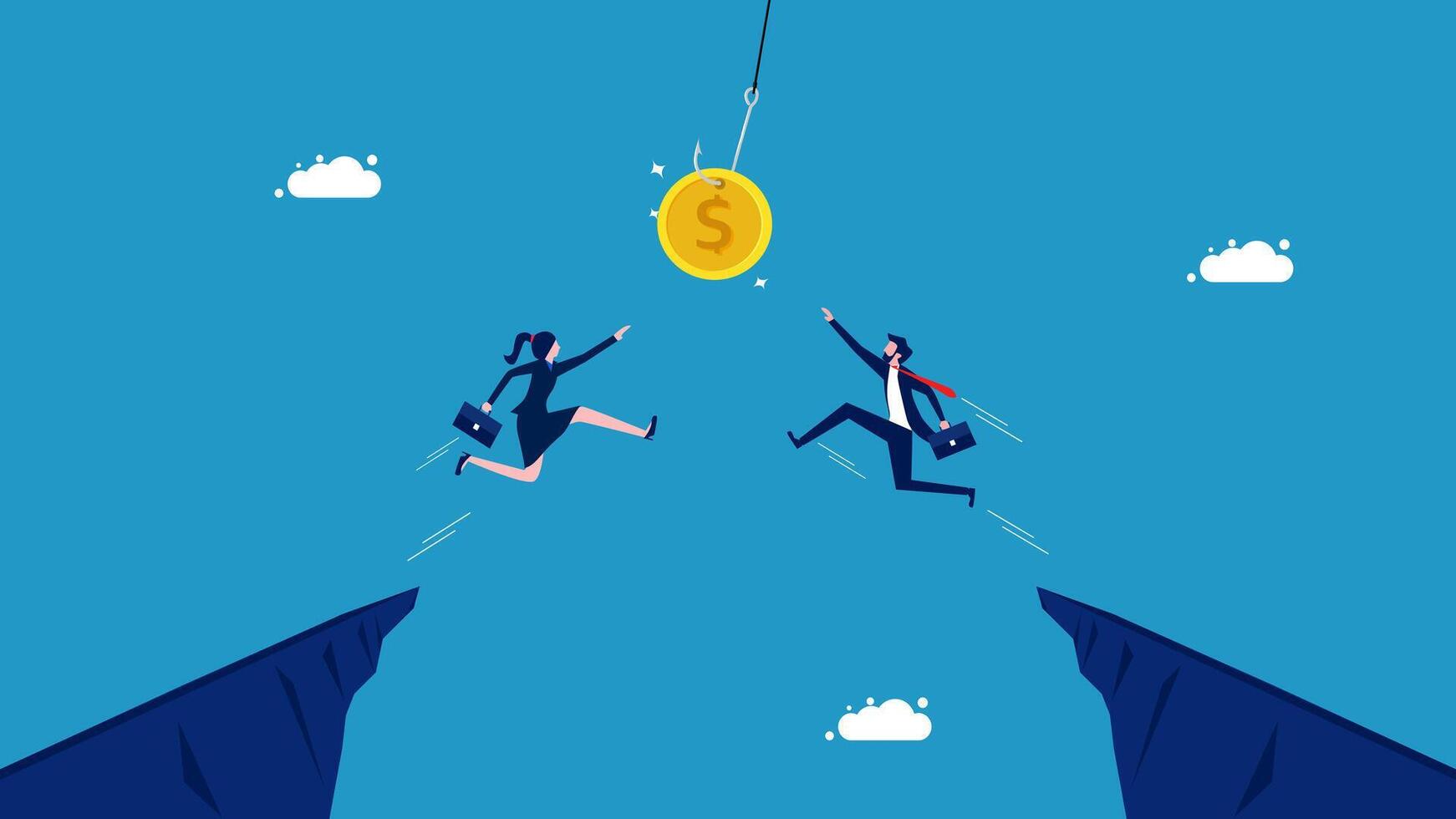 businessman and woman jumping from cliff to get money from coin vector