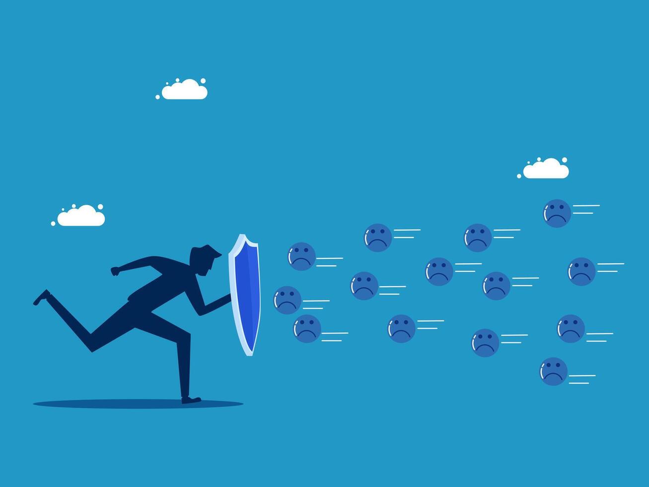 businessman running with shield and many small blue dots vector