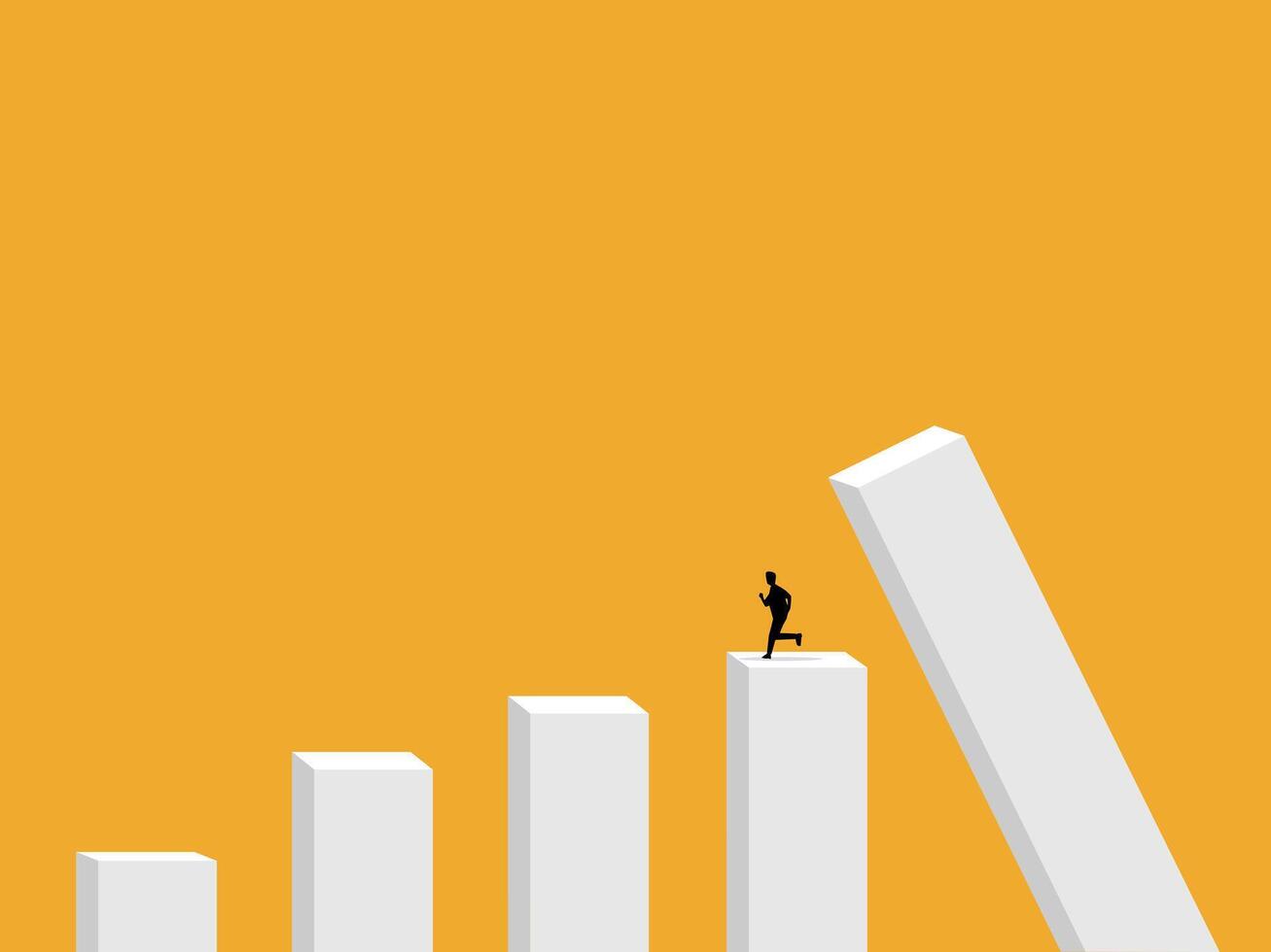 Businessman on bar chart running away from crisis. vector