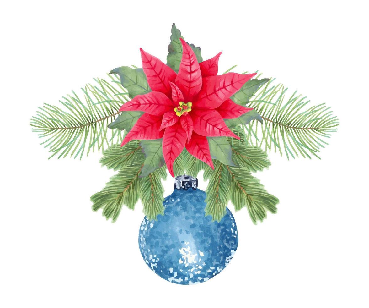 Poinsettia flower with fir branches and blue shiny Christmas tree decoration. Illustration with watercolor and marker. Botanical clip art for the New Year and Christmas. Hand drawn isolated sketch vector