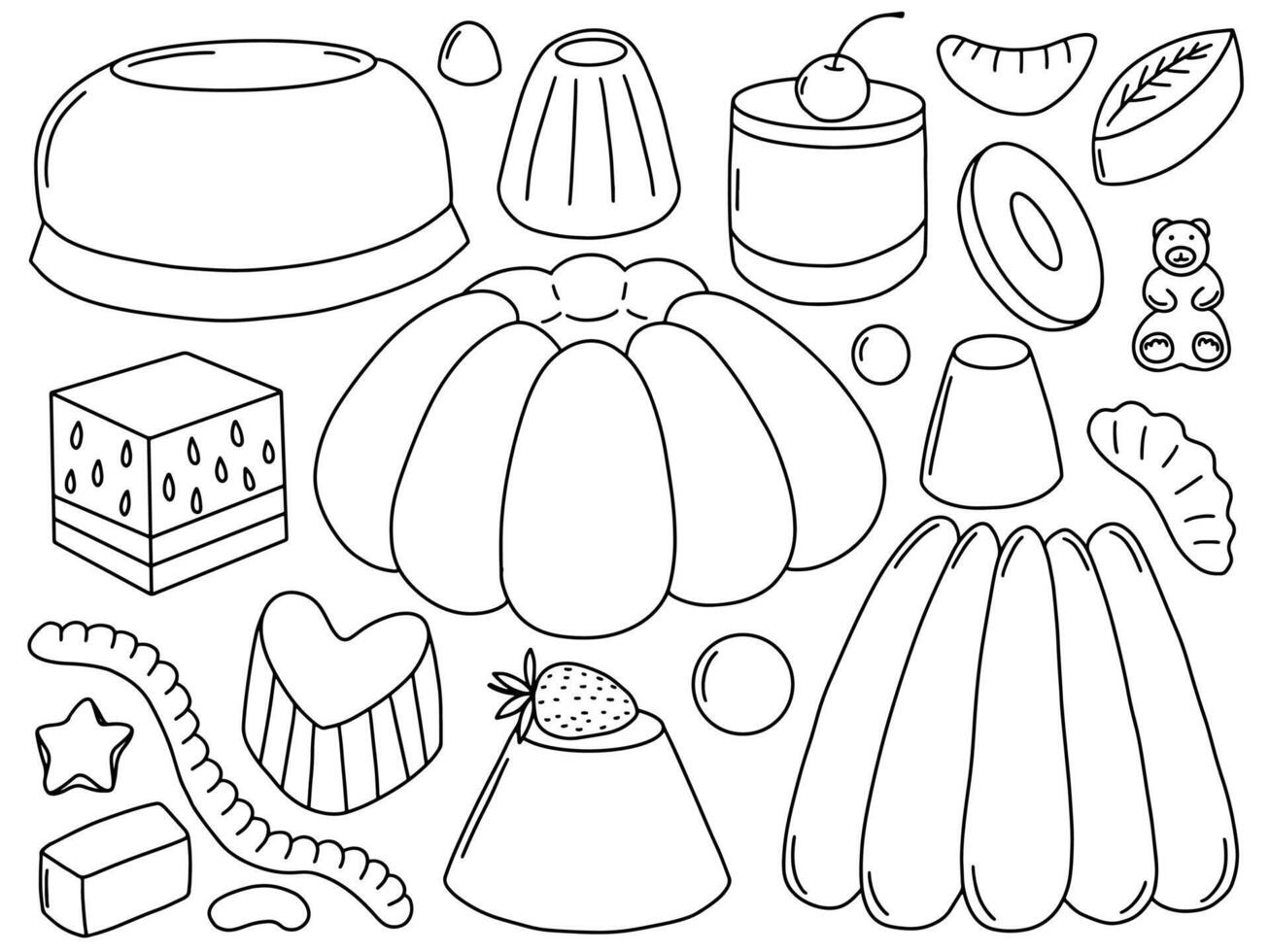 Jelly candy and cakes doodle set. Gummy desserts in different shapes set vector