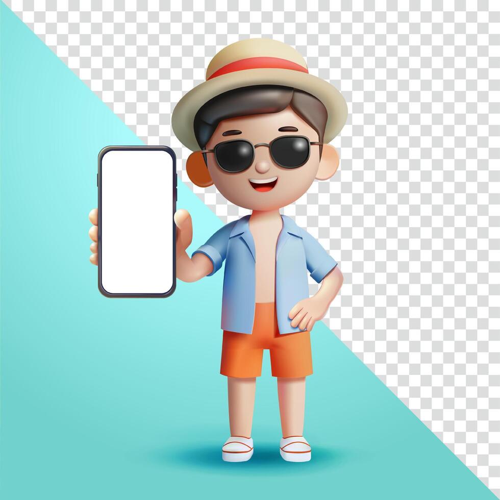 Man in summer clothes shows smartphone screen in his hand, 3d. Suitable for both vacation and business vector
