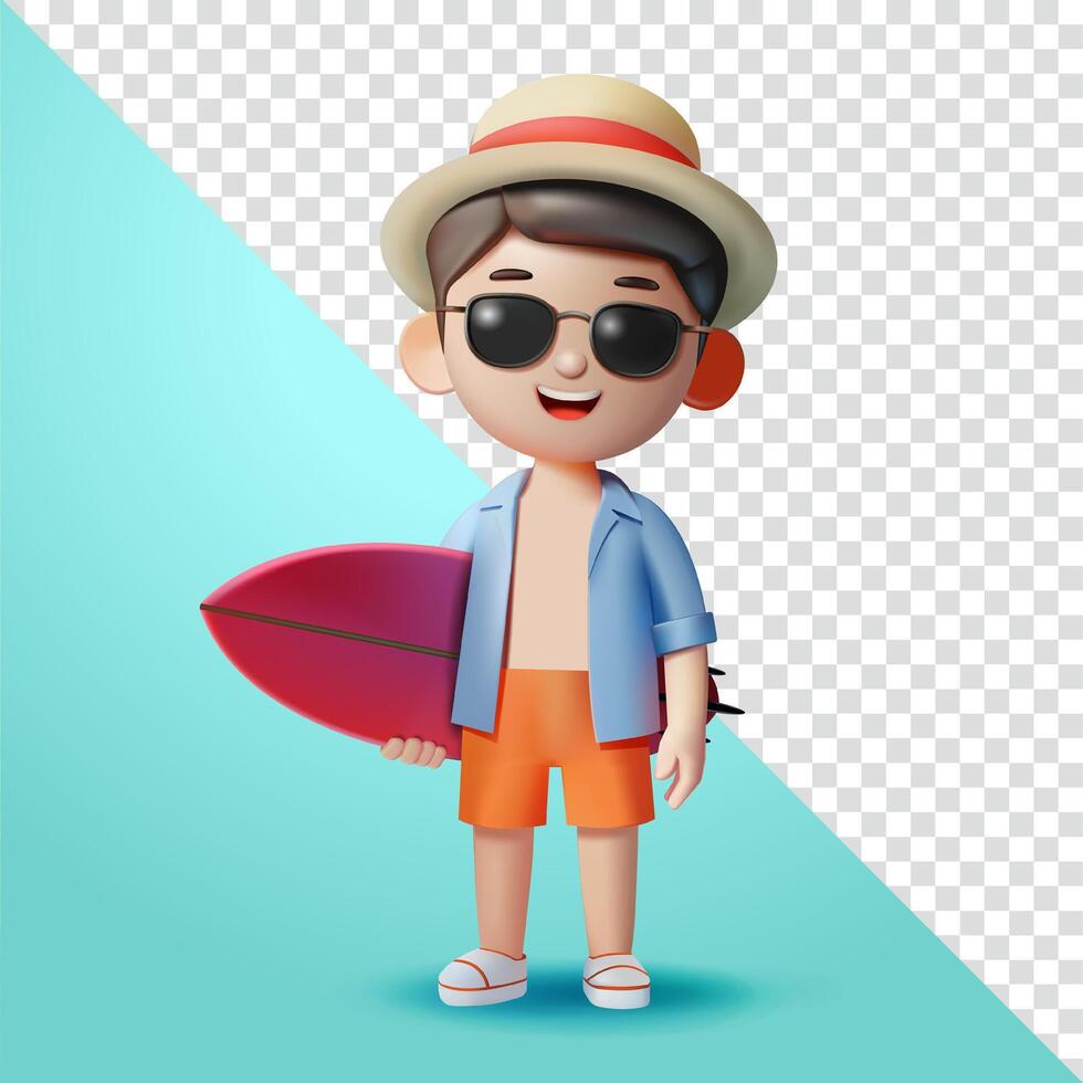 Man in summer clothes holding surfboard, 3d. Suitable for both vacation and business vector