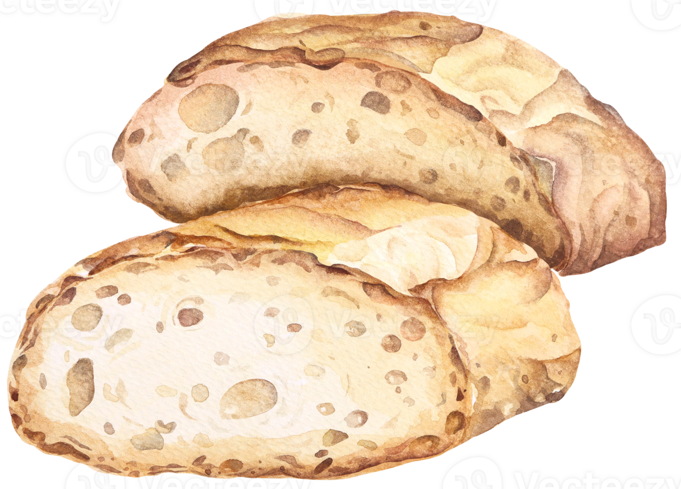Baguette cut in half, French bread.Hand drawn watercolor illustration.Bakery for design menu cafe.Baked bread. png