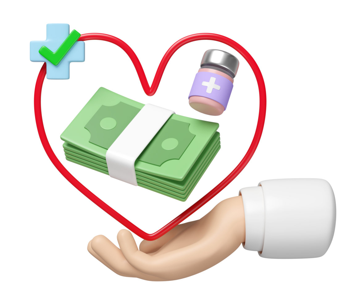 3d hands holding heart with stack of banknotes, cross, check mark, medicine bottle isolated. expensive medicine, health check cost concept, 3d illustration render png