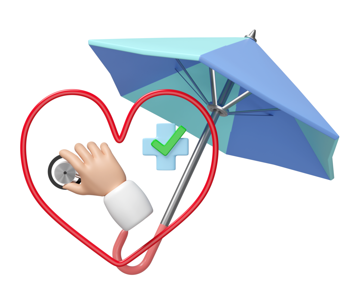 3d umbrella with doctor cartoon hand holding stethoscope, heart, cross, check mark isolated. health check, medicare concept, 3d illustration render png