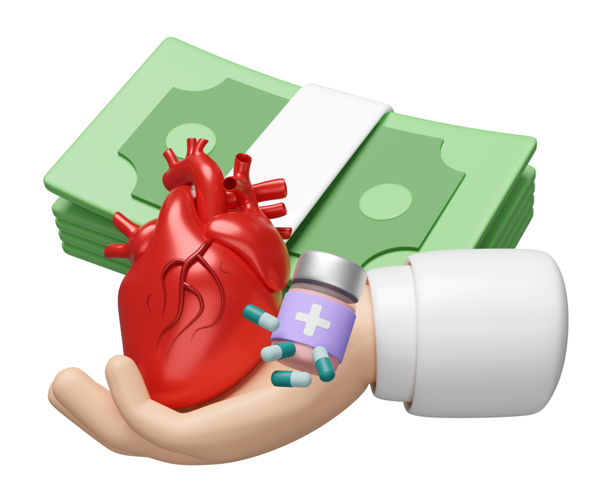 3d doctor hand holding heart with stack of banknotes, medicine bottle, antibiotics isolated. heck heart health, expensive medicine concept, 3d illustration render png