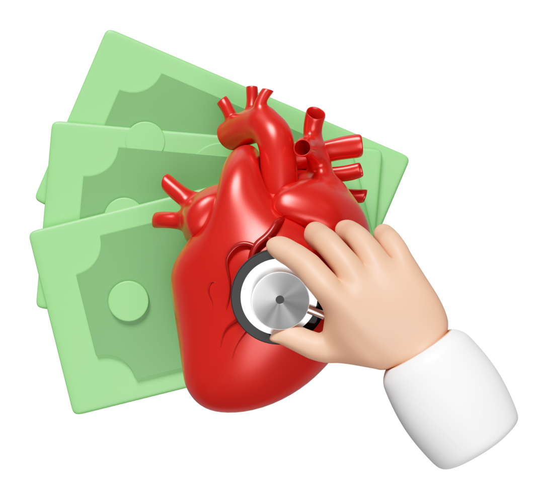 3d realistic human heart with doctor holding a stethoscope, stack of banknotes isolated. heck heart health, expensive medicine concept, 3d illustration render png