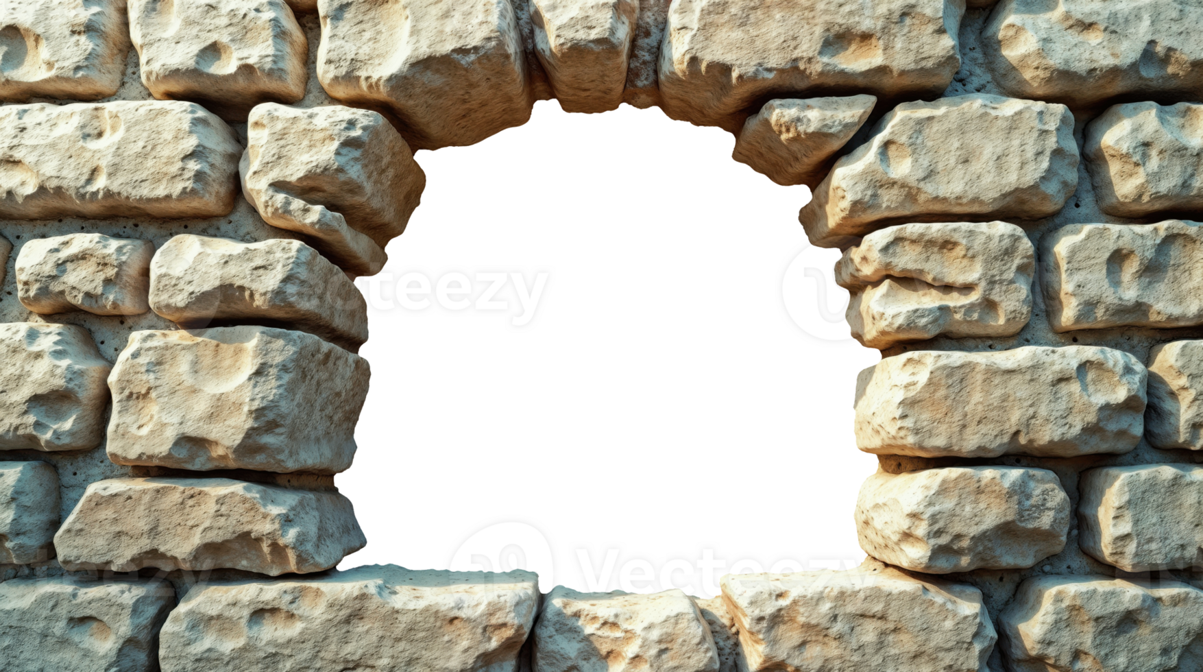 Rough stone wall with arched transparent hole opening png