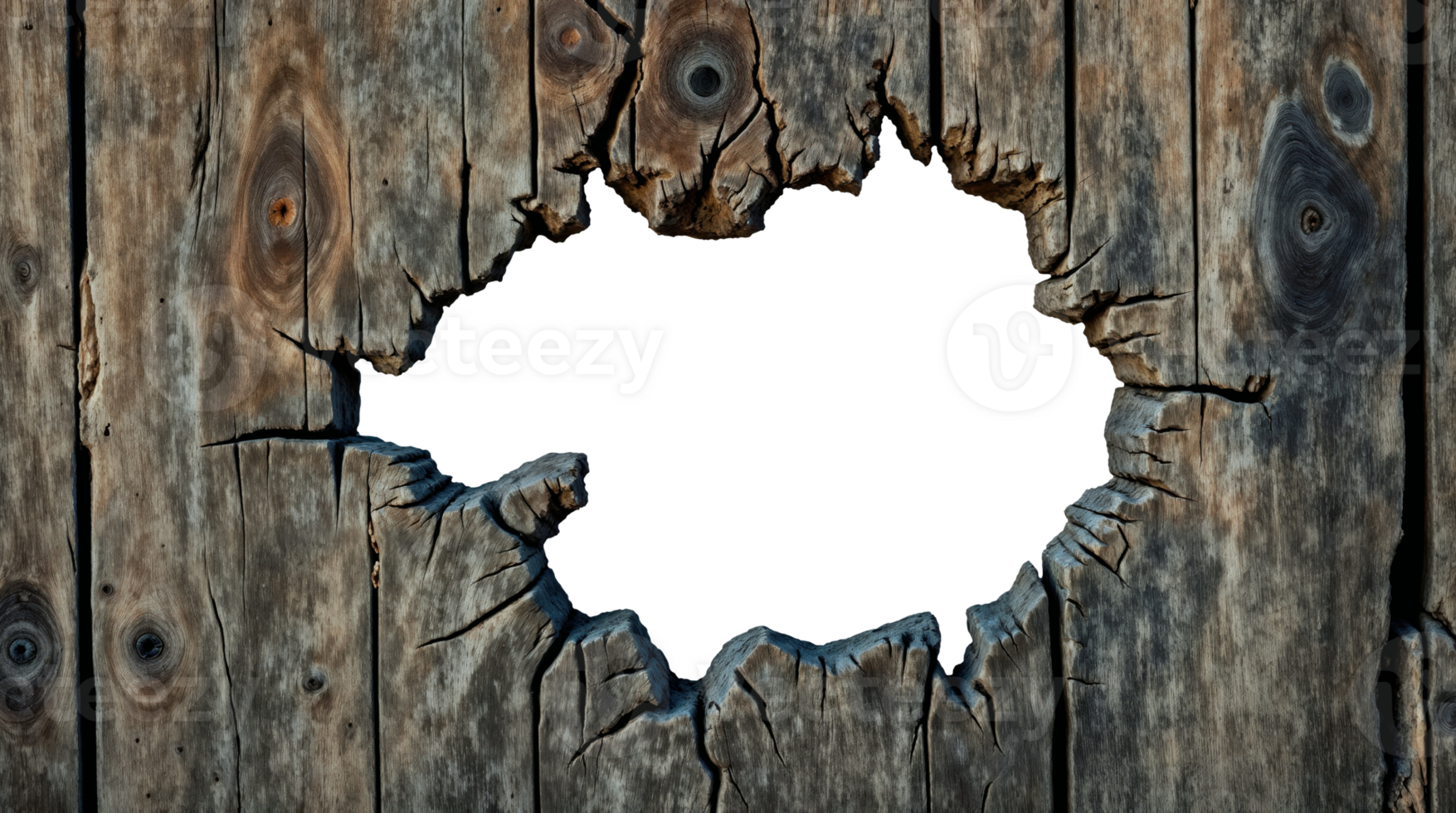 Weathered wooden wall with jagged hole and dark void png
