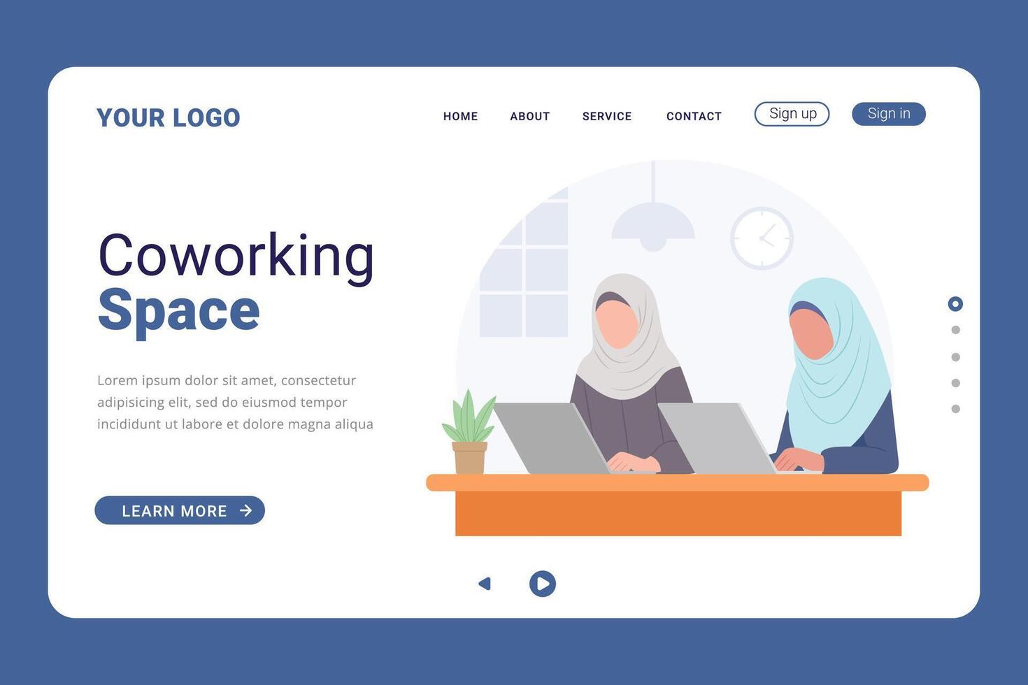 Landing page template for Business team working together at the big desk using laptops vector