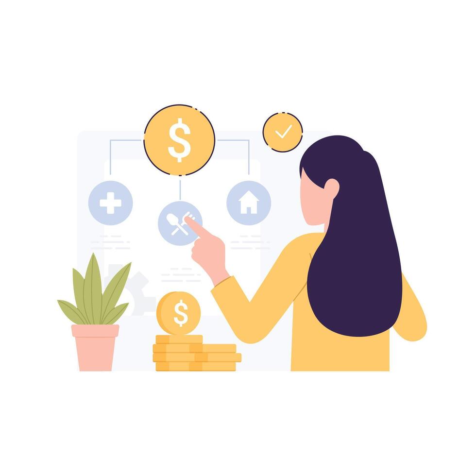 Woman divides finances into needs, wants, and savings vector