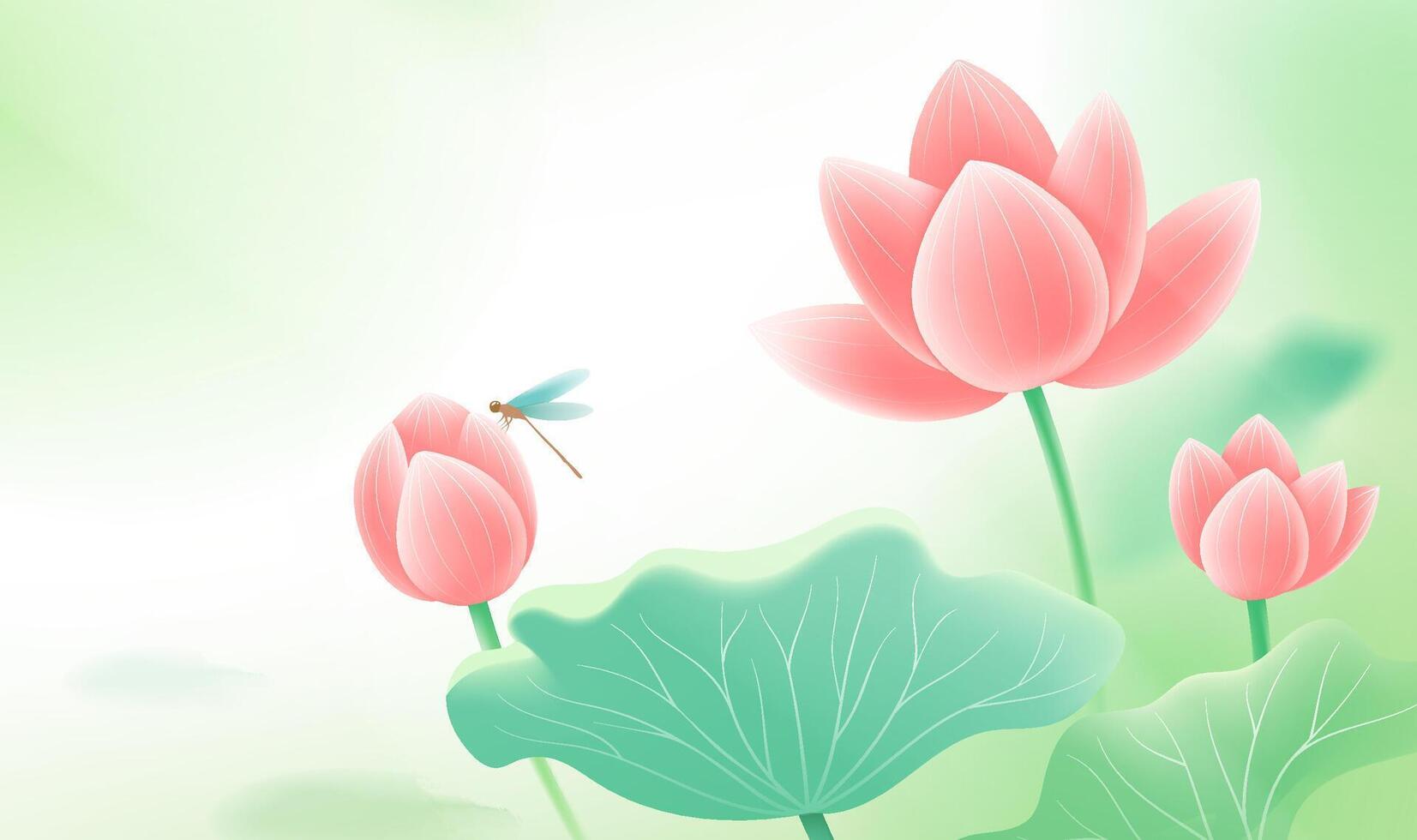 Cartoon style horizontal illustration of dragonflies standing on lotus flowers vector