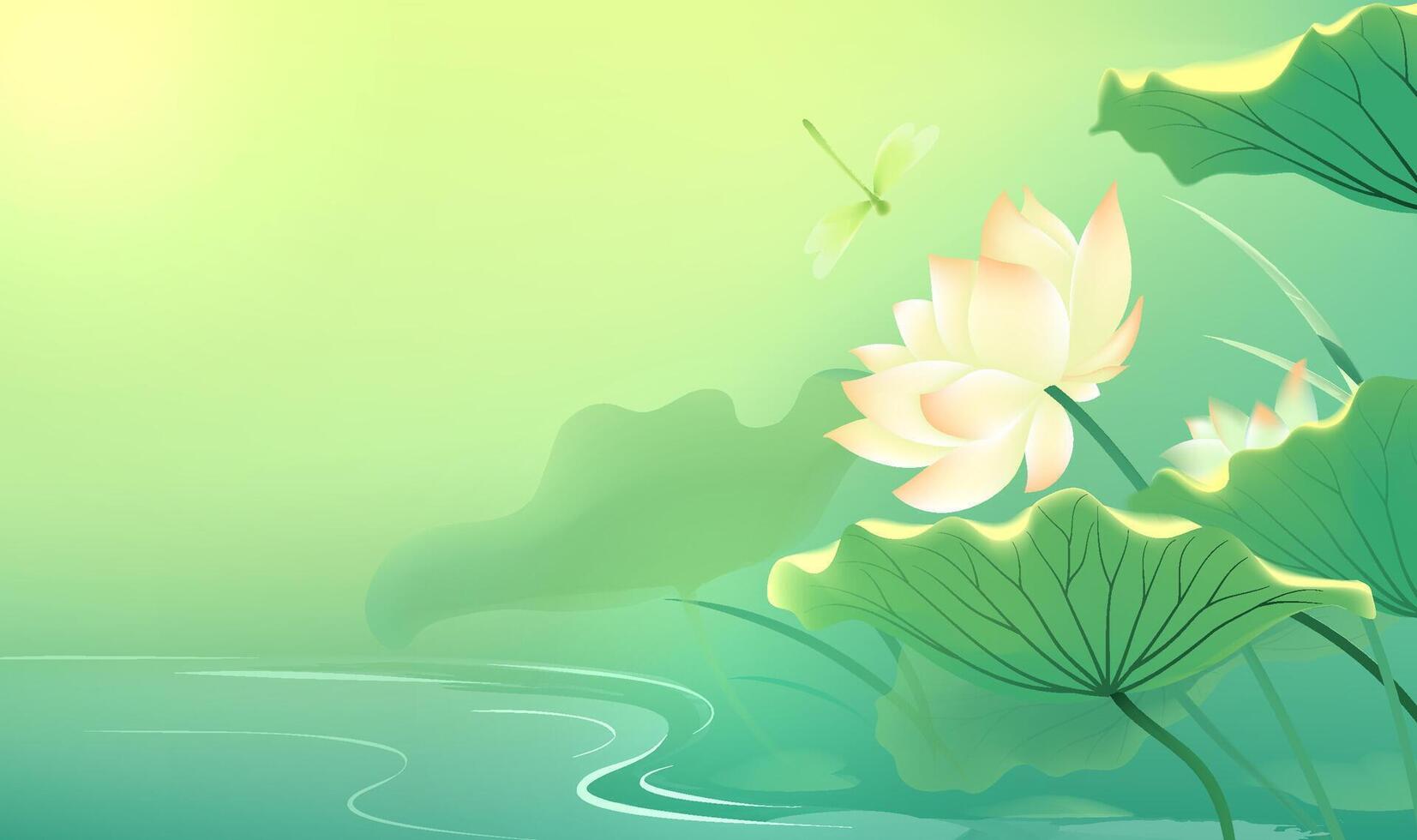 Chinese style horizontal illustration of dragonflies among lotus flowers vector