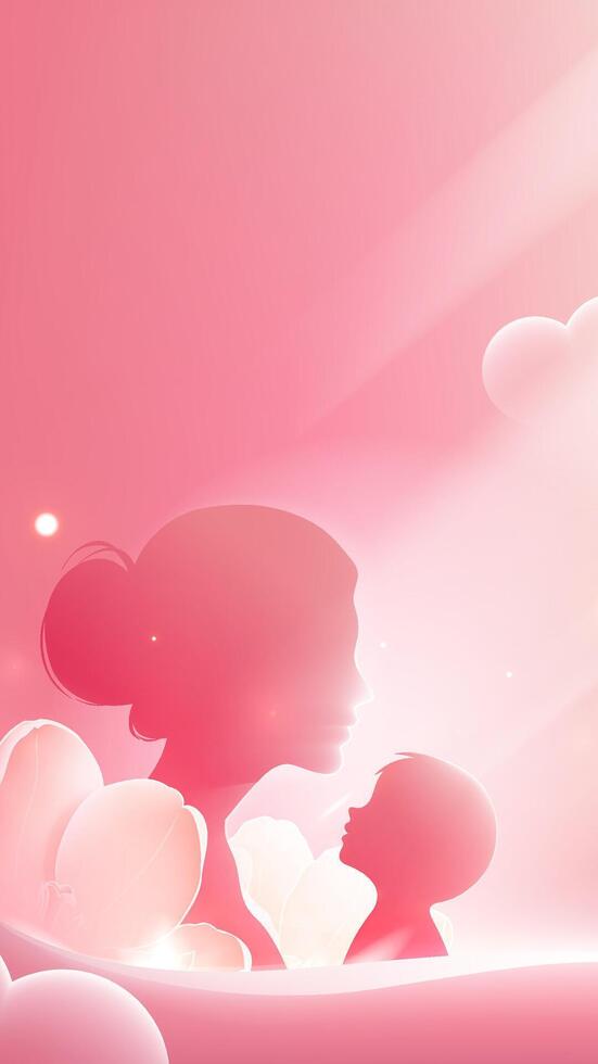 Mother's Day vertical illustration of mother and son in a red scene in the sun vector