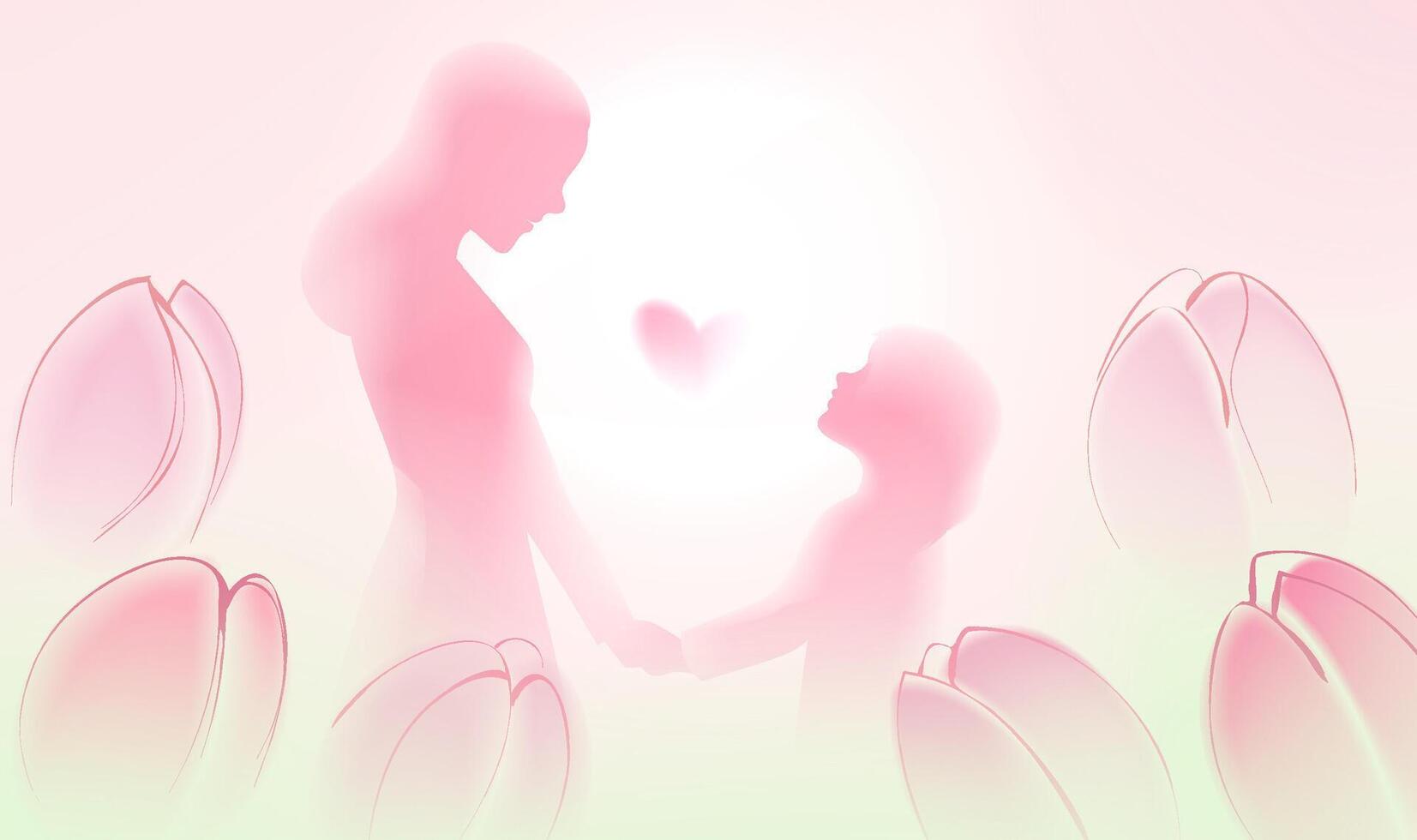 Mother's Day horizontal illustration mother and child surrounded by tulips vector