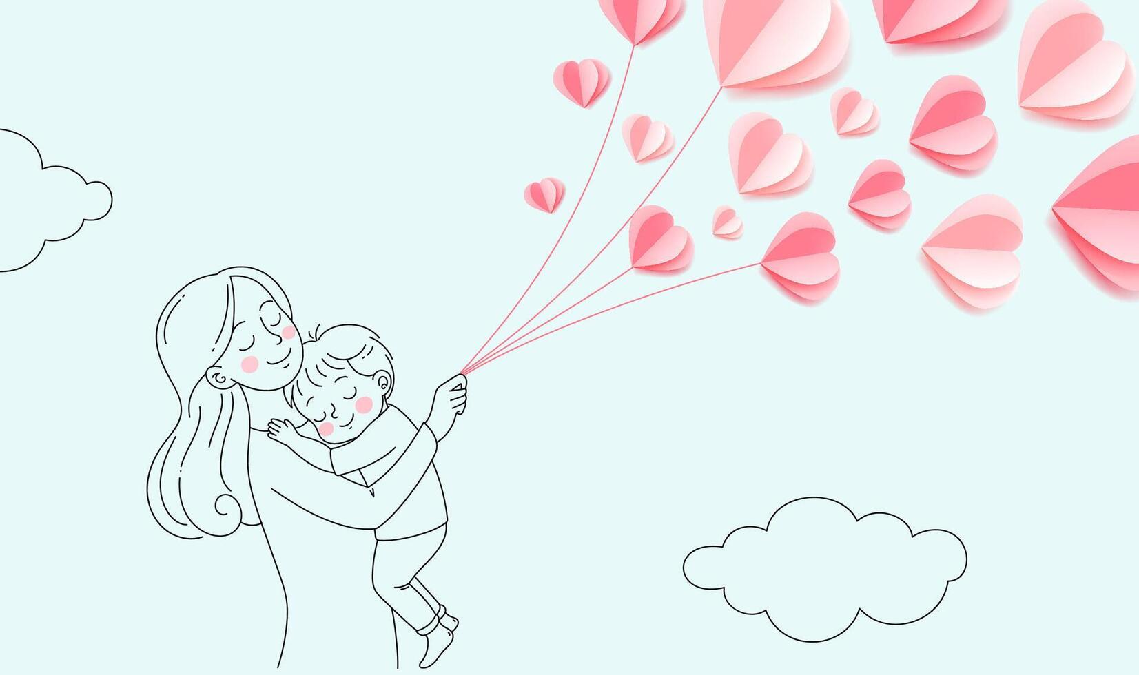 Mother's Day horizontal illustration Graffiti style Mother holding baby with love balloon vector