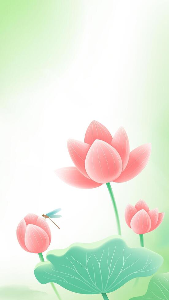 Cartoon style vertical illustration of dragonflies standing on lotus flowers vector