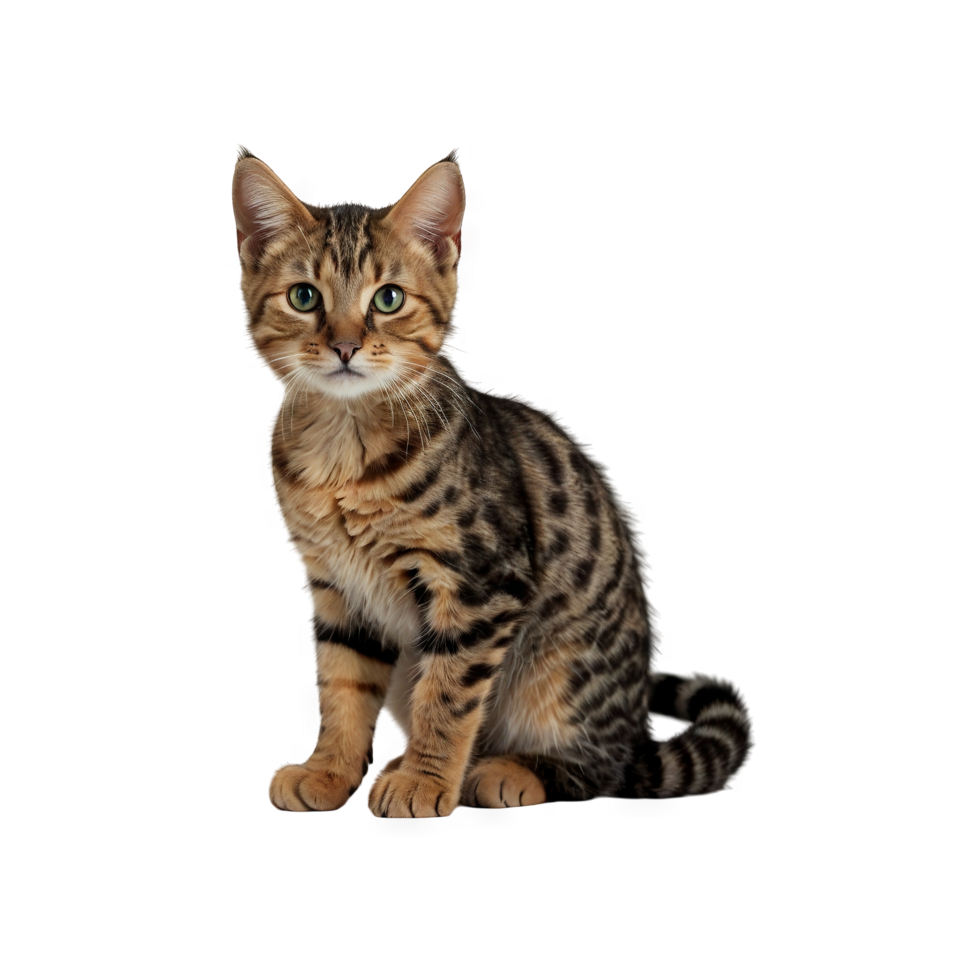 Adult black and brown egyptian want kitten sitting upright side view looking forward png