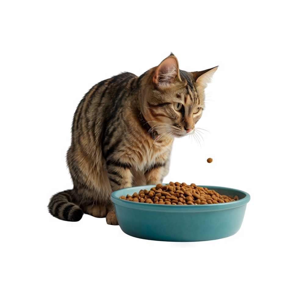 An adult black and brown want to egipcio cat sits enjoy a snack png