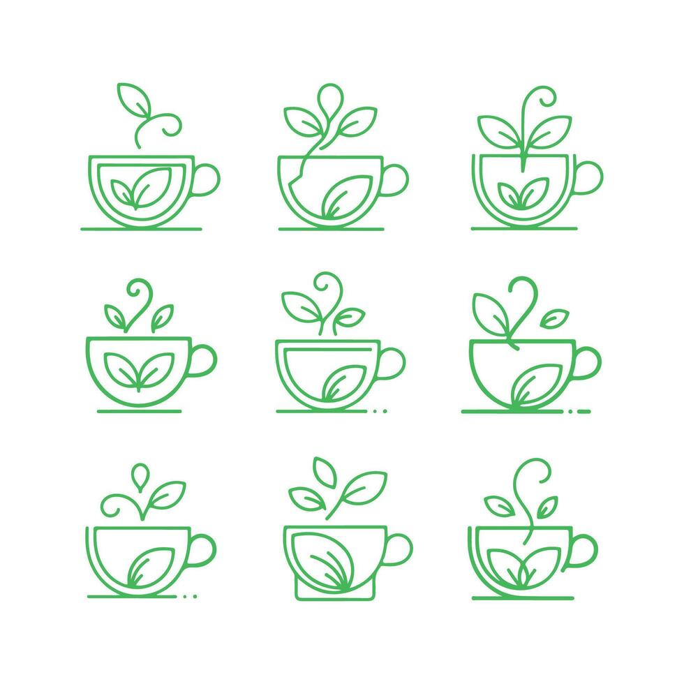 Modern Trendy Collection of green tea cups with leaves and steam Logo Design vector