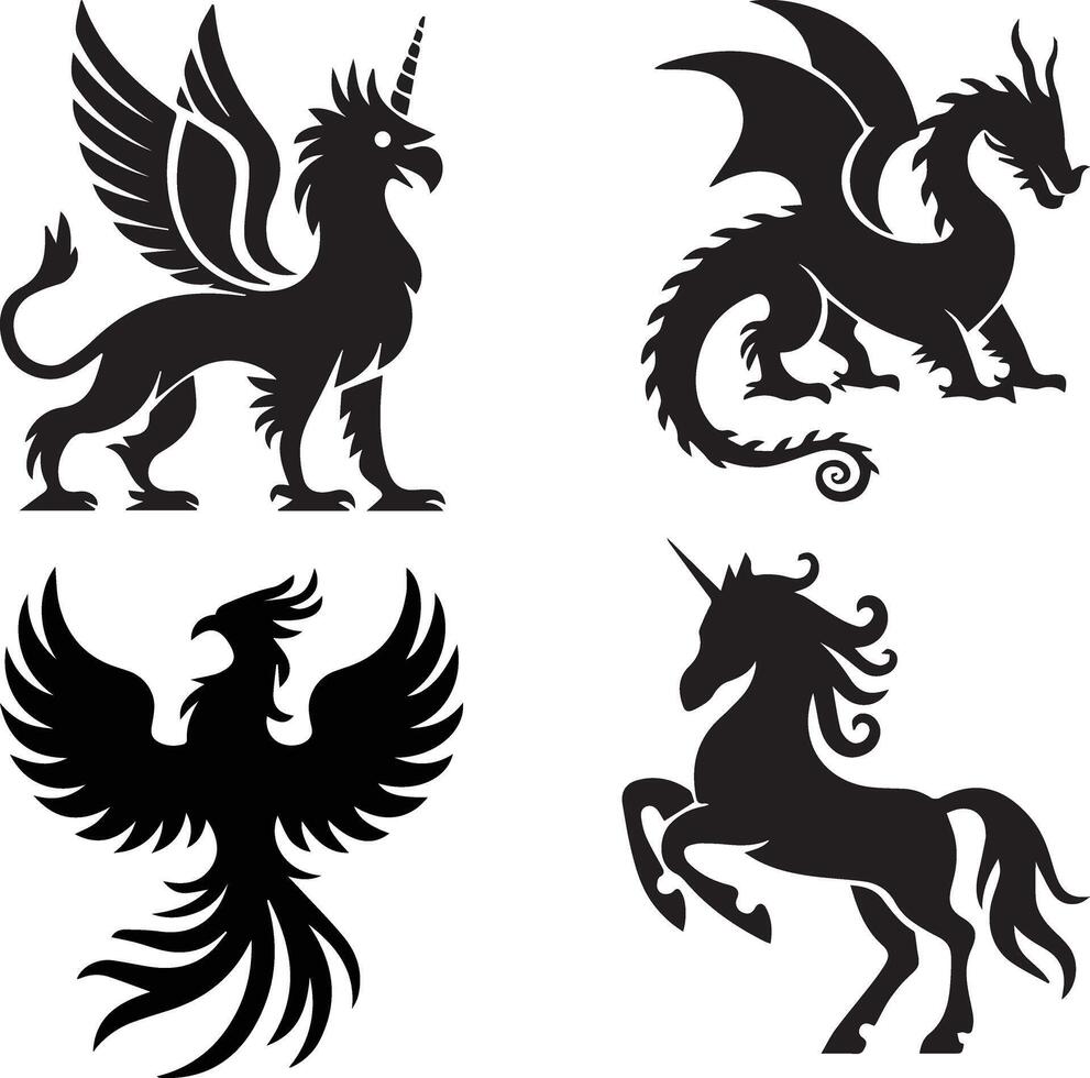 A clip art set of mythical creature silhouettes in black on a white background. Include a dragon, a unicorn, a griffin, and a phoenix. vector