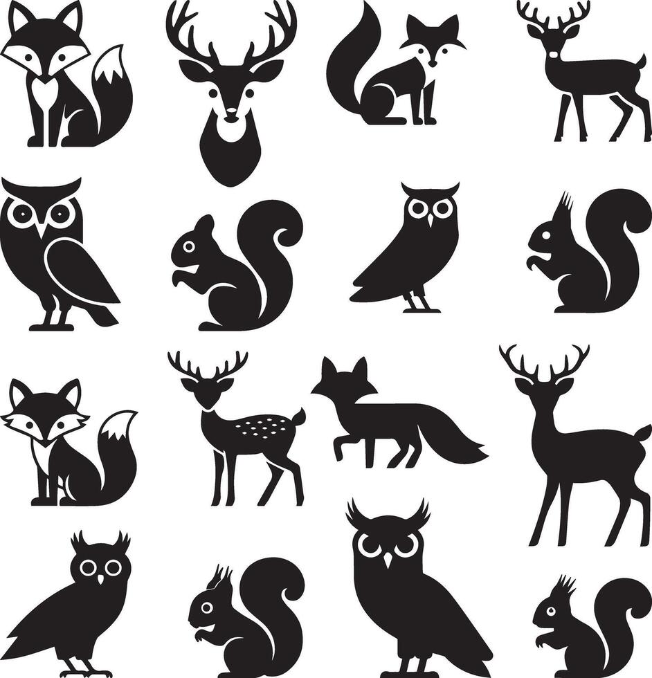 Clipart set of forest animal silhouettes in black on a white background. Include a fox, a deer, an owl, and a squirrel vector