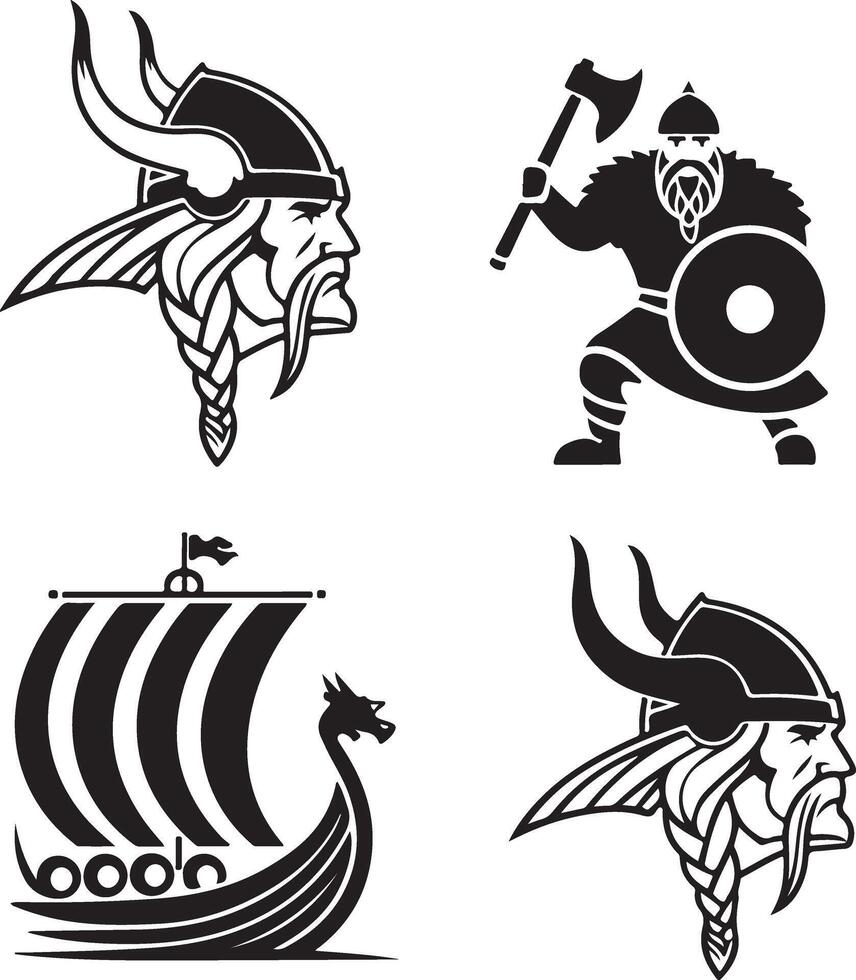Viking Logo and Icon Set in Silhouette Style for Bold T-Shirt Design and Norse Themes vector