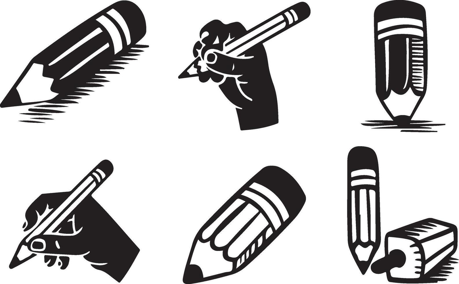 Pencil Logo and Icon Set in Silhouette Style, Creative Stationery Symbols for Art and Design vector