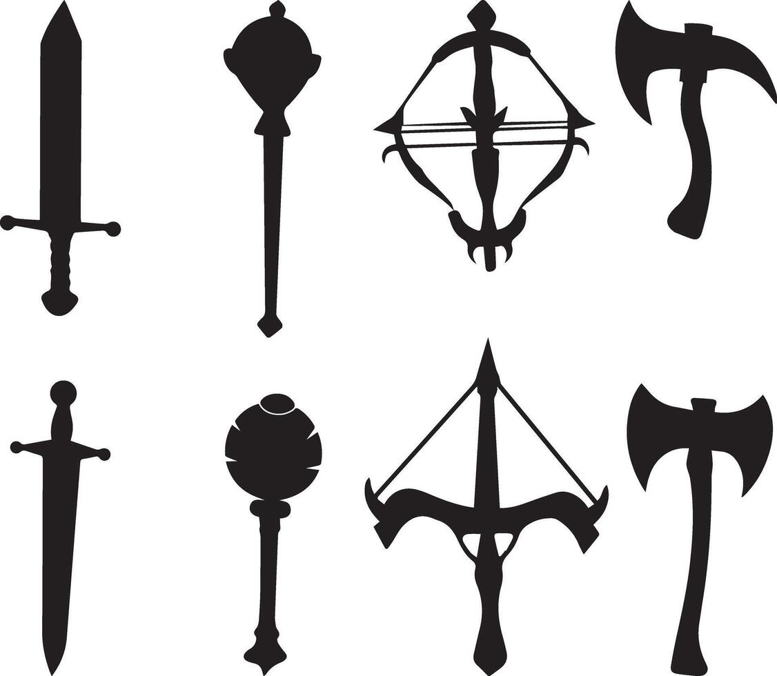 A clip art set of medieval weapon silhouettes vector