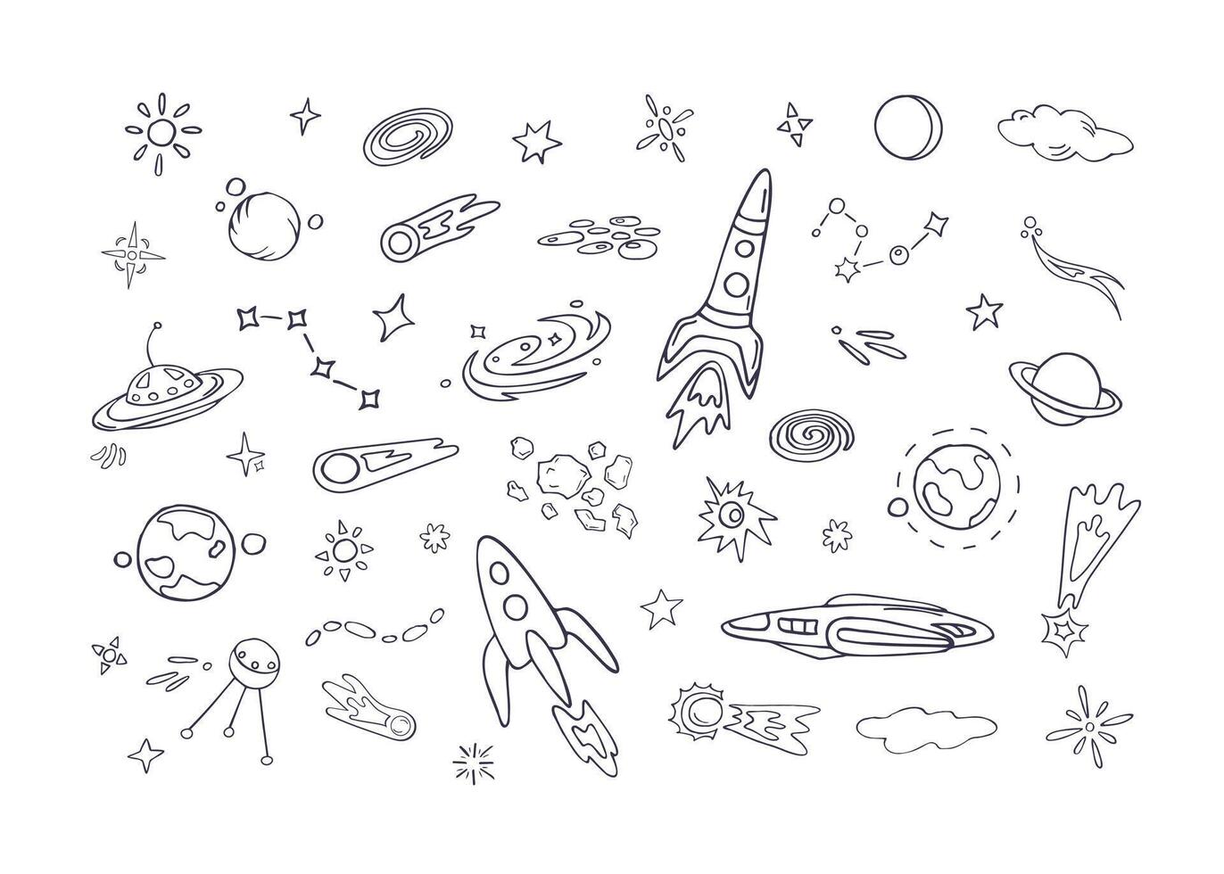 Space objects, stylized hand drawn doodles vector