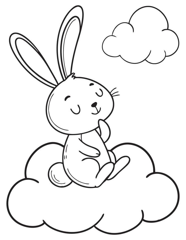 cute bunny drifting on a fluffy cloud outline for coloring pages vector