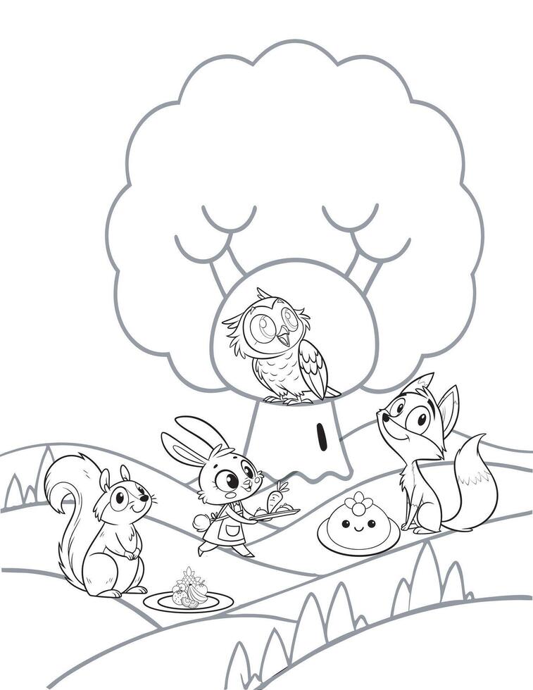 Bunny enjoying a meadow picnic outline for coloring pages vector
