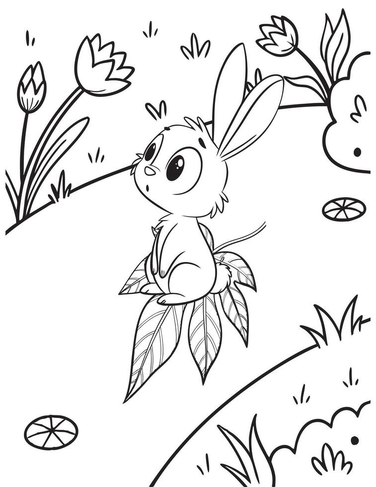 Cute bunny floating on a leaf boat outline for coloring pages vector