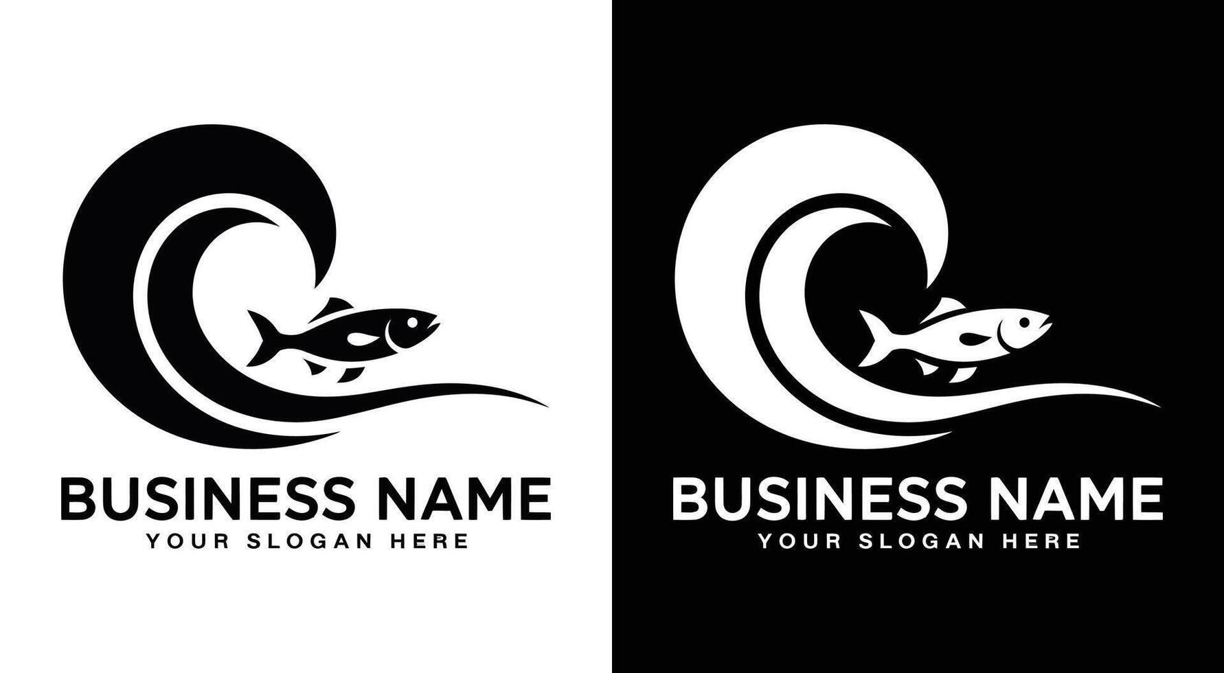 Wave and Fish Logo Bold Black Fluidity for Seafood Brands vector