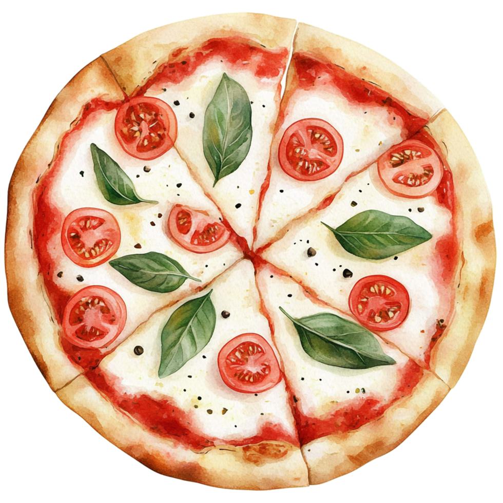 Watercolor painting of a pizza with tomatoes and basil png