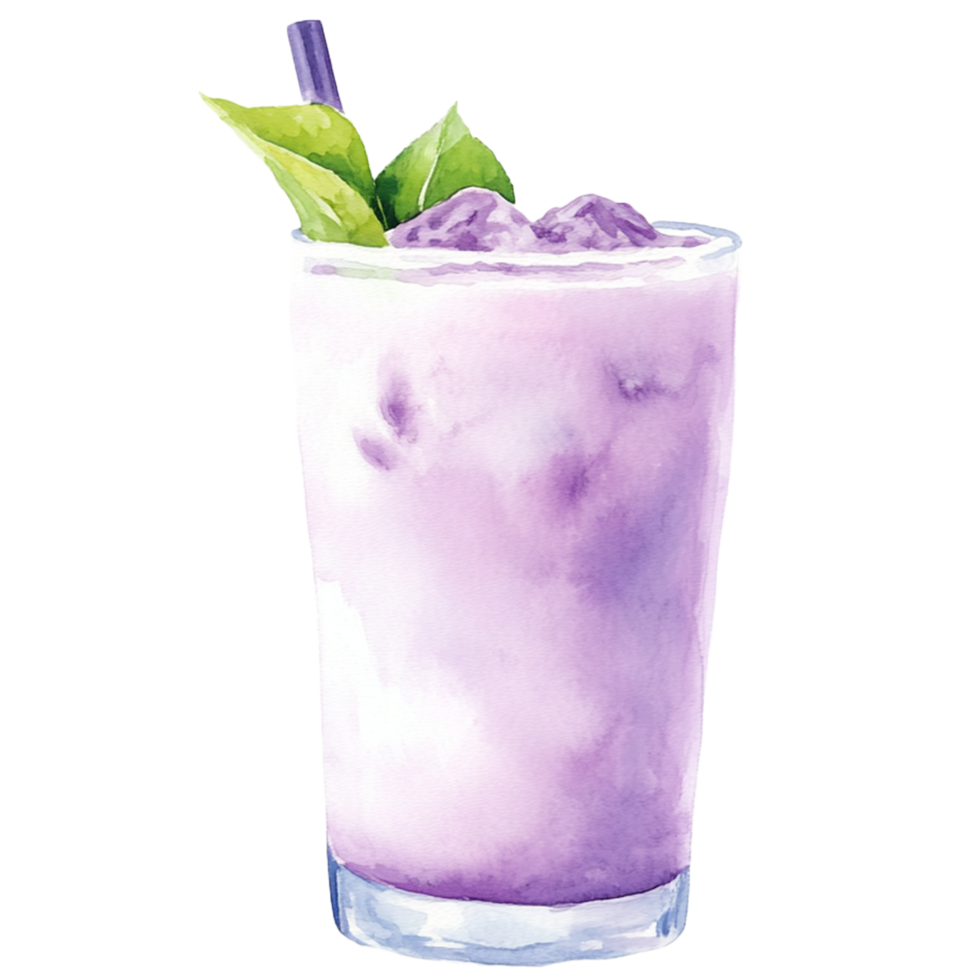 A purple drink with a straw and a leaf png