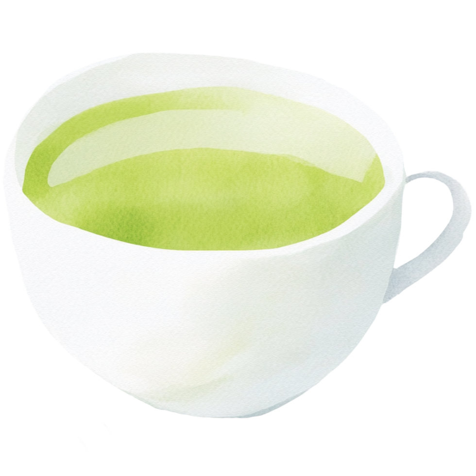 A cup of green tea is shown in a watercolor painting png