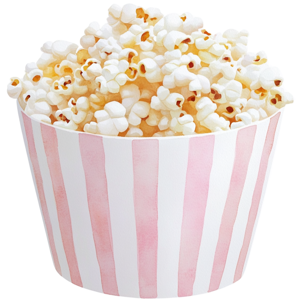 A pink and white striped paper cup with popcorn png