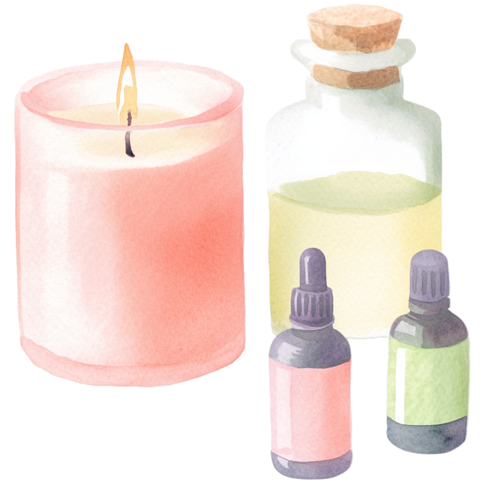 A candle, bottle and two bottles of essential oils png