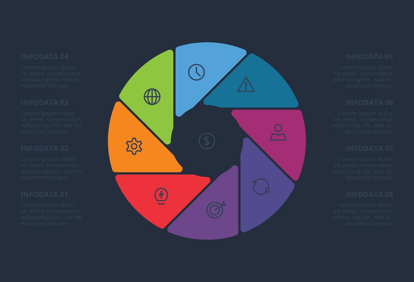 Creative concept infographic with 8 steps. Template for web on a black background. vector