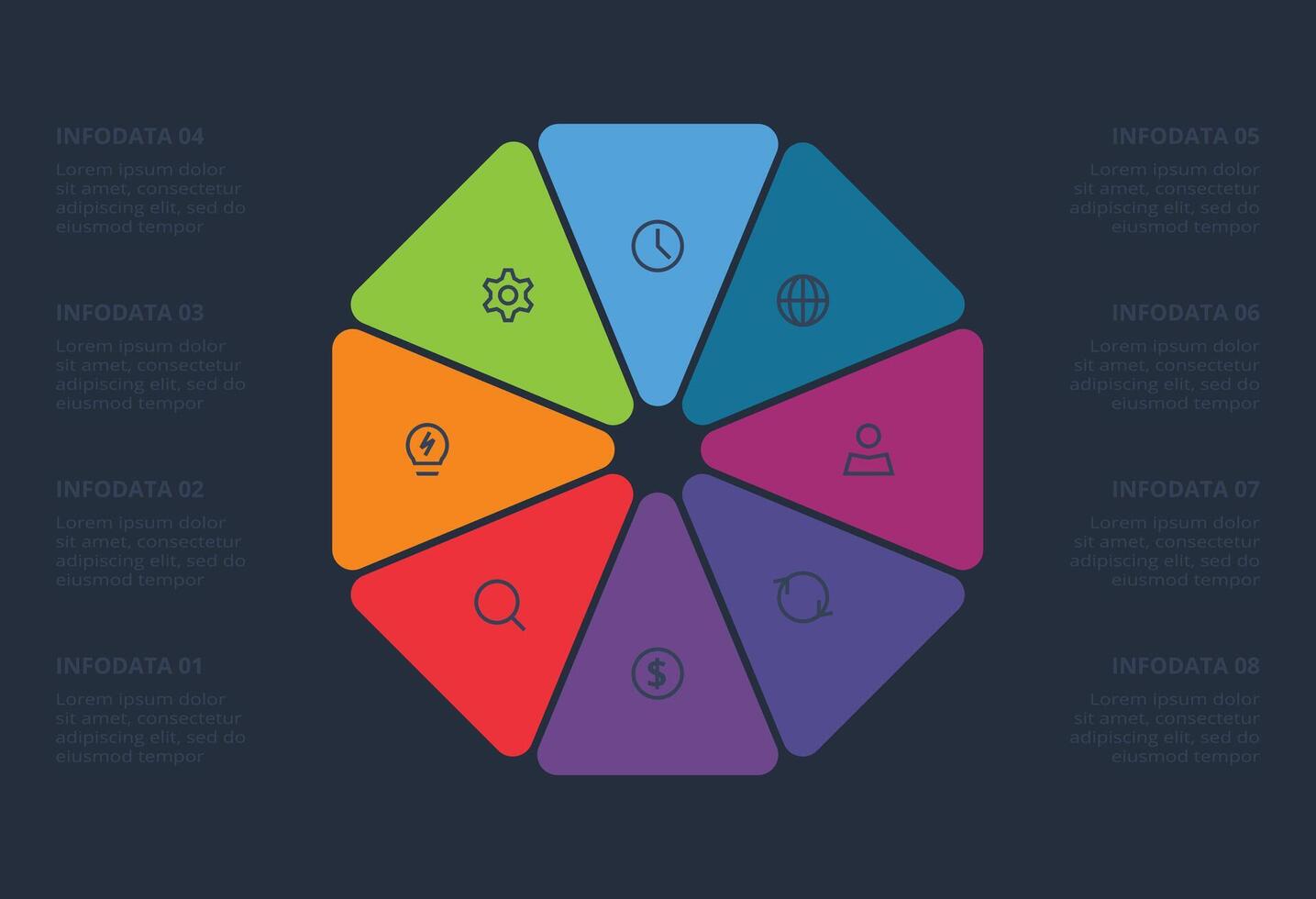 Creative concept for infographic with 8 steps. Template for web on a black background. vector