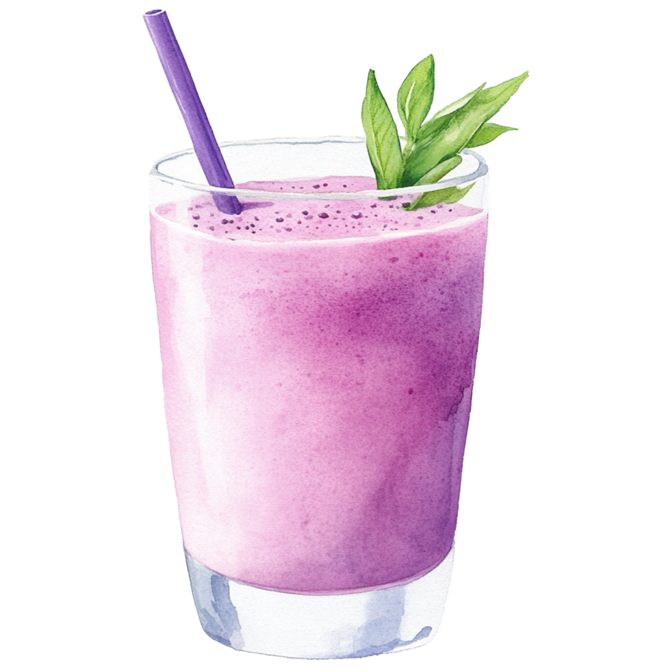 A purple smoothie with a straw and a purple leaf png