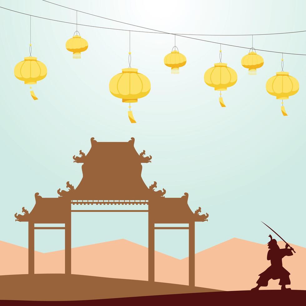 Minimalist Chinese architectural style archway, ancient Samurai, warriors, Art illustration vector