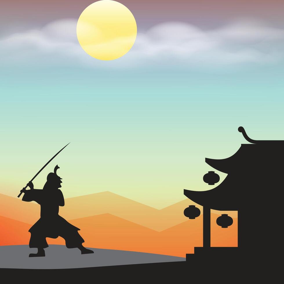 Chinese architectural style archway, ancient Samurai, warriors, illustration vector