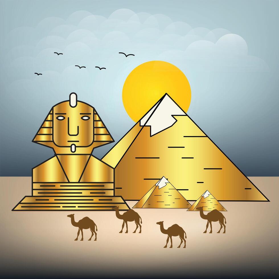 Ancient Giza Egyptian pyramids, camels, sunset birds in clouds with blue background, illustration art vector