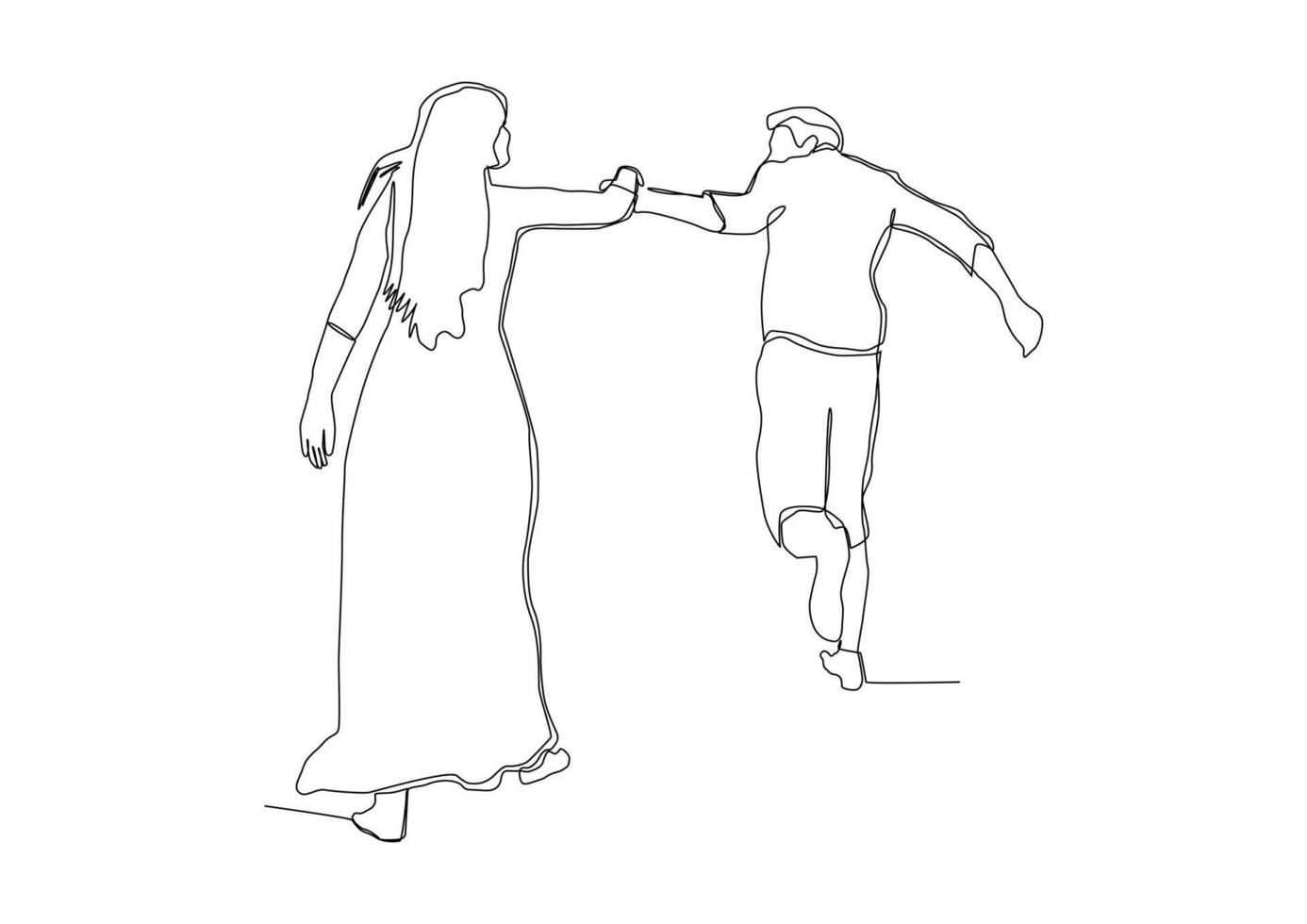 Continuous one line drawing of man is trying to hold a woman who is reaching out with her hand somewhere. vector